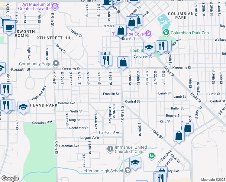 map of restaurants, bars, coffee shops, grocery stores, and more near 1004 South 16th Street in Lafayette
