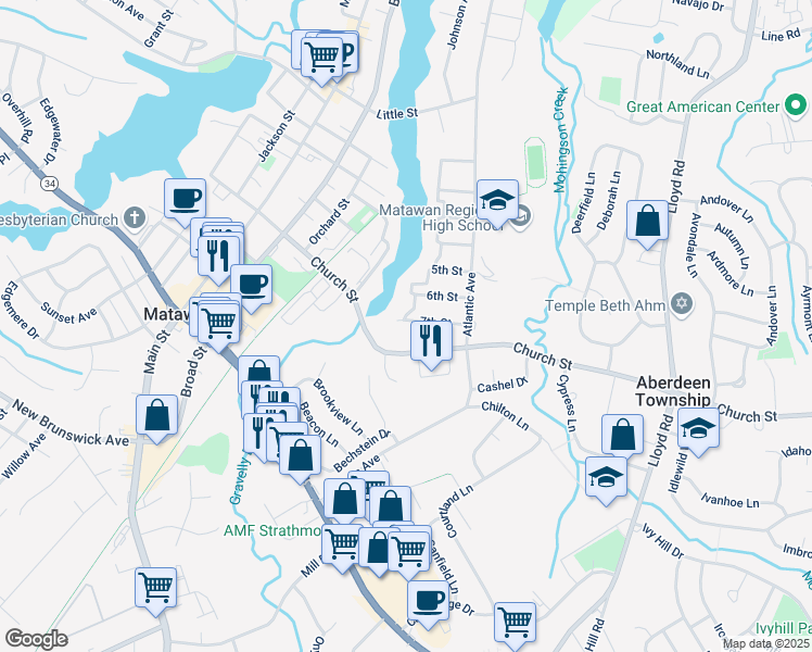 map of restaurants, bars, coffee shops, grocery stores, and more near 10 7th Street in Aberdeen Township