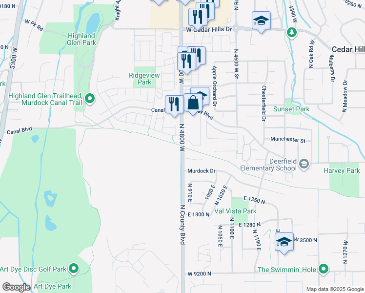 map of restaurants, bars, coffee shops, grocery stores, and more near 1569 North County Boulevard in Highland