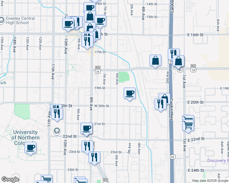 map of restaurants, bars, coffee shops, grocery stores, and more near 1921 6th Avenue in Greeley
