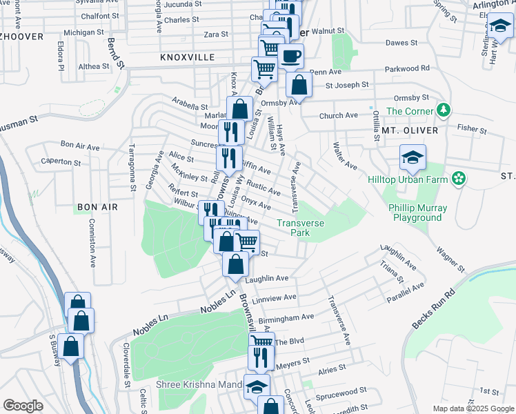 map of restaurants, bars, coffee shops, grocery stores, and more near 216 Onyx Avenue in Pittsburgh