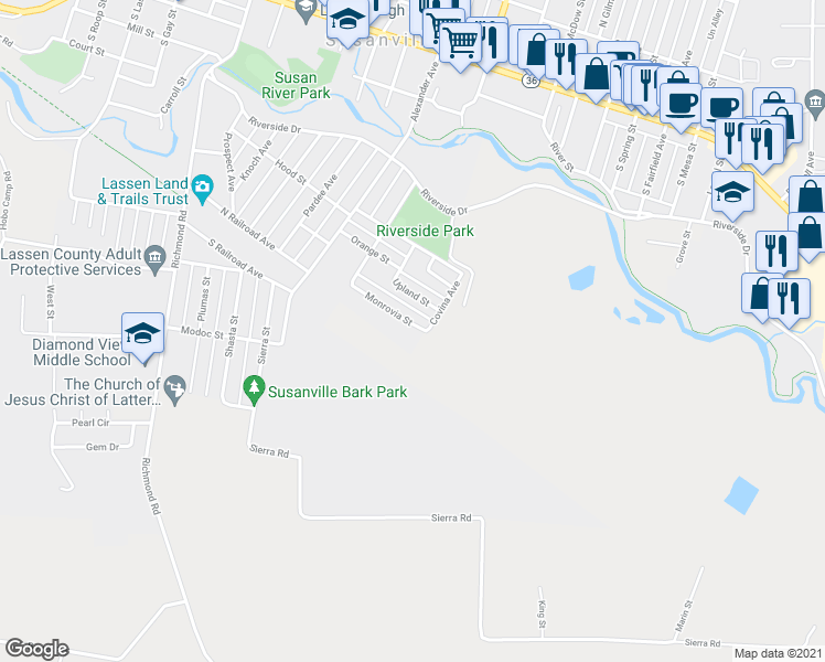 map of restaurants, bars, coffee shops, grocery stores, and more near 6 Monrovia Street in Susanville