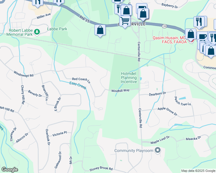 map of restaurants, bars, coffee shops, grocery stores, and more near 2 Oak Tree Lane in Holmdel