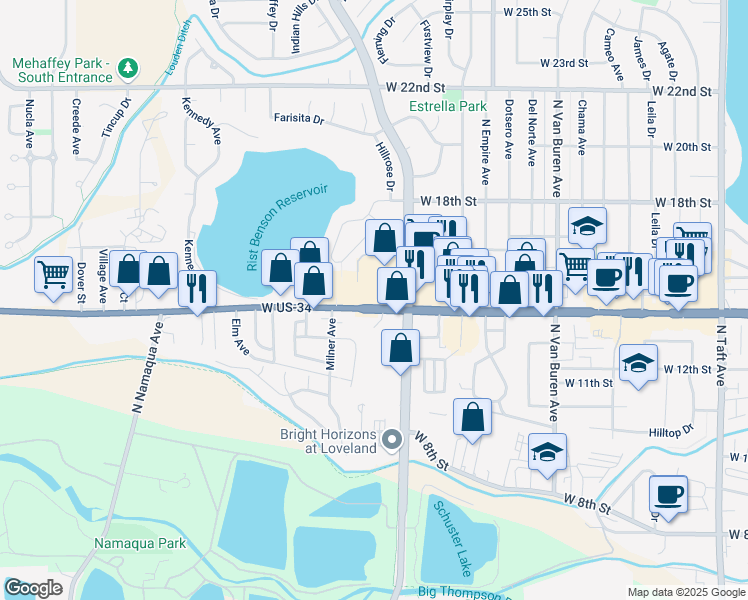 map of restaurants, bars, coffee shops, grocery stores, and more near 2706 West County Road 14 in Loveland