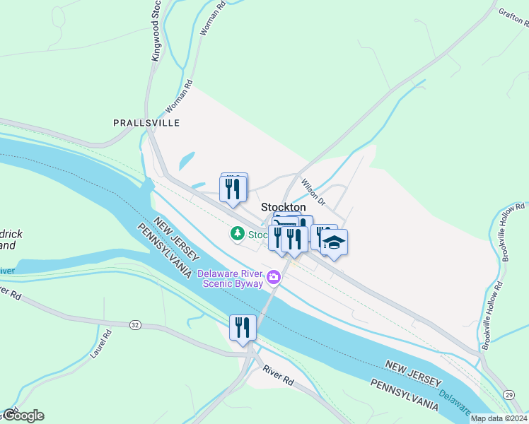 map of restaurants, bars, coffee shops, grocery stores, and more near 2 Old Prallsville Road in Stockton