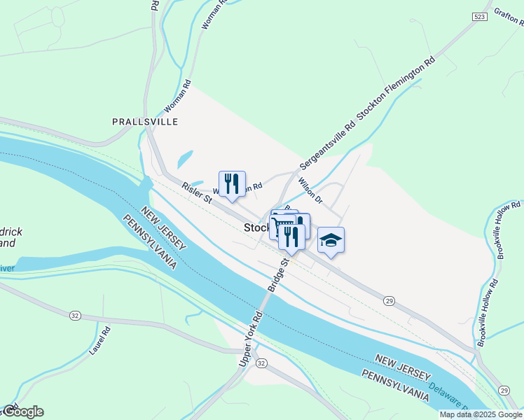 map of restaurants, bars, coffee shops, grocery stores, and more near 2 Old Prallsville Road in Stockton