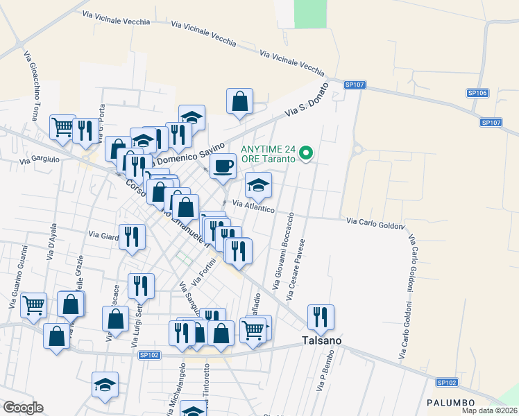 map of restaurants, bars, coffee shops, grocery stores, and more near 1 Via della Cabina in Taranto