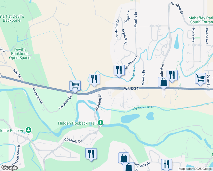 map of restaurants, bars, coffee shops, grocery stores, and more near 4409 West Eisenhower Boulevard in Loveland