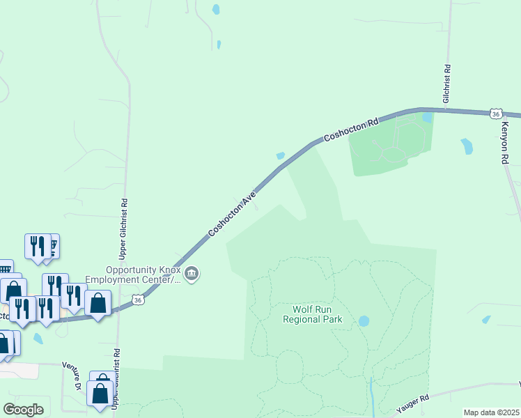 map of restaurants, bars, coffee shops, grocery stores, and more near 17880 Coshocton Avenue in Mount Vernon
