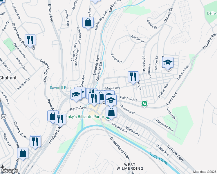 map of restaurants, bars, coffee shops, grocery stores, and more near 225 Pine Street in Turtle Creek