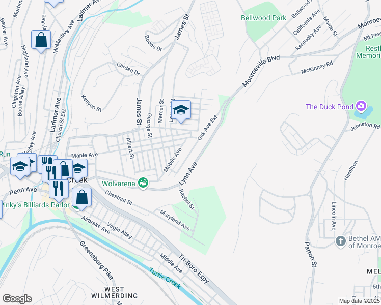 map of restaurants, bars, coffee shops, grocery stores, and more near Oak Avenue Extension in Turtle Creek
