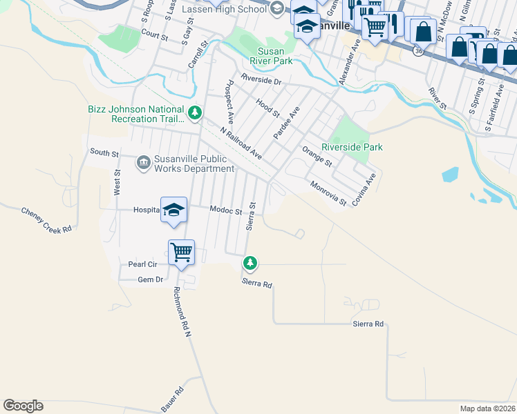 map of restaurants, bars, coffee shops, grocery stores, and more near 1301 Modoc Street in Susanville