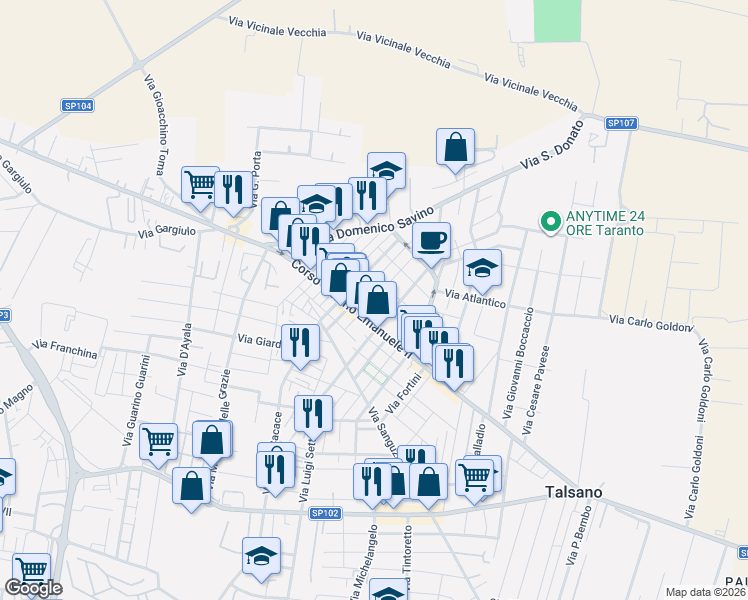 map of restaurants, bars, coffee shops, grocery stores, and more near 196 Corso Vittorio Emanuele II in Talsano