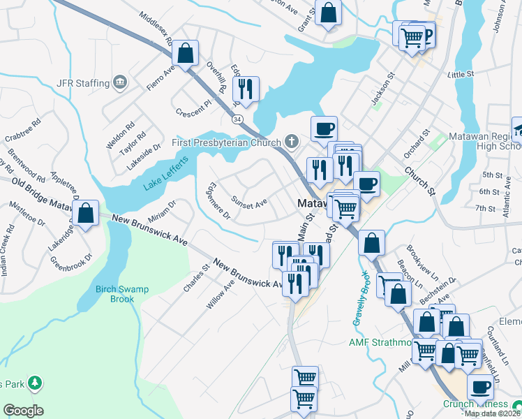 map of restaurants, bars, coffee shops, grocery stores, and more near 7 Sunset Avenue in Matawan