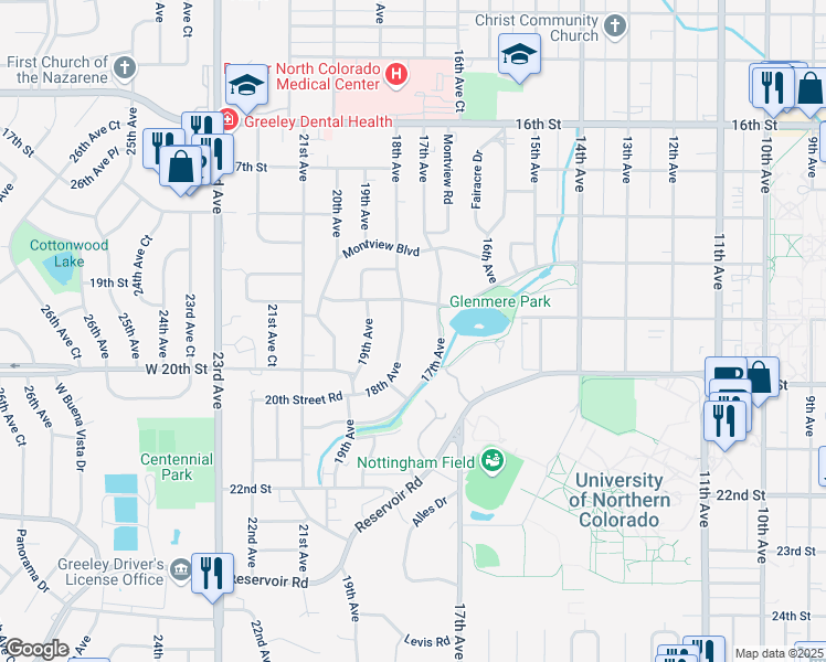 map of restaurants, bars, coffee shops, grocery stores, and more near 1939 18th Avenue in Greeley