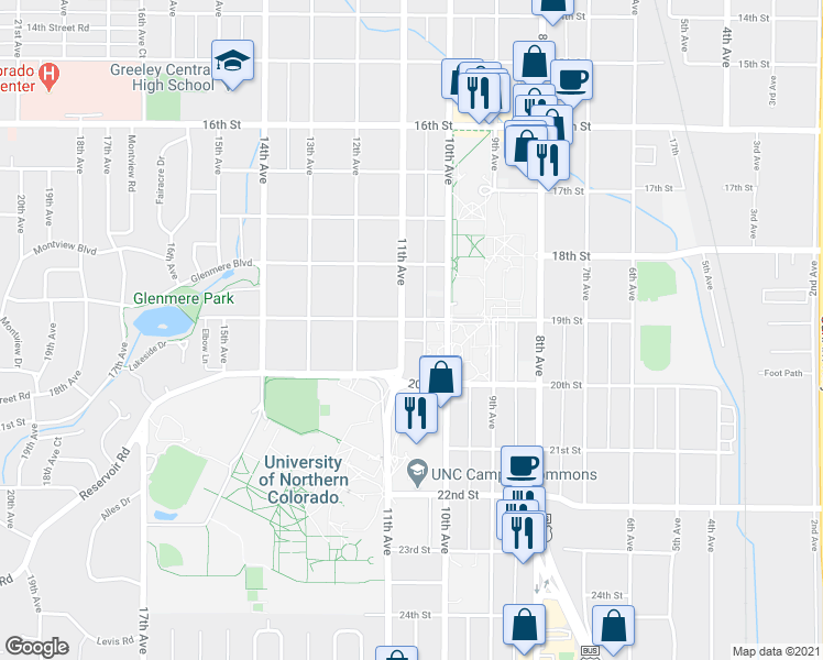 map of restaurants, bars, coffee shops, grocery stores, and more near in Greeley