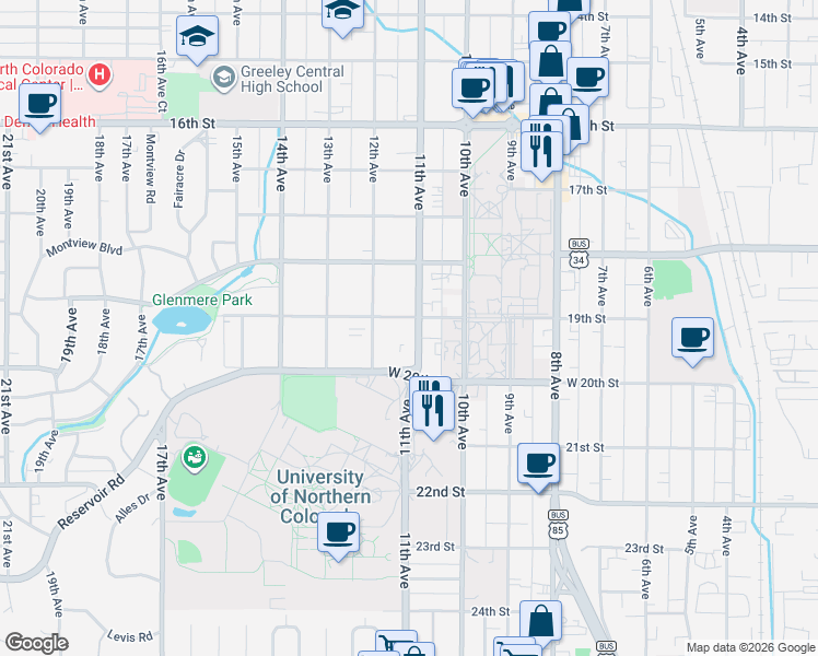 map of restaurants, bars, coffee shops, grocery stores, and more near 1931 11th Avenue in Greeley