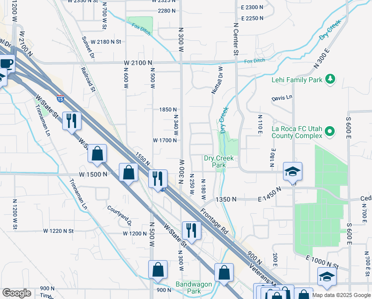 map of restaurants, bars, coffee shops, grocery stores, and more near 1552 North 250 West in Lehi
