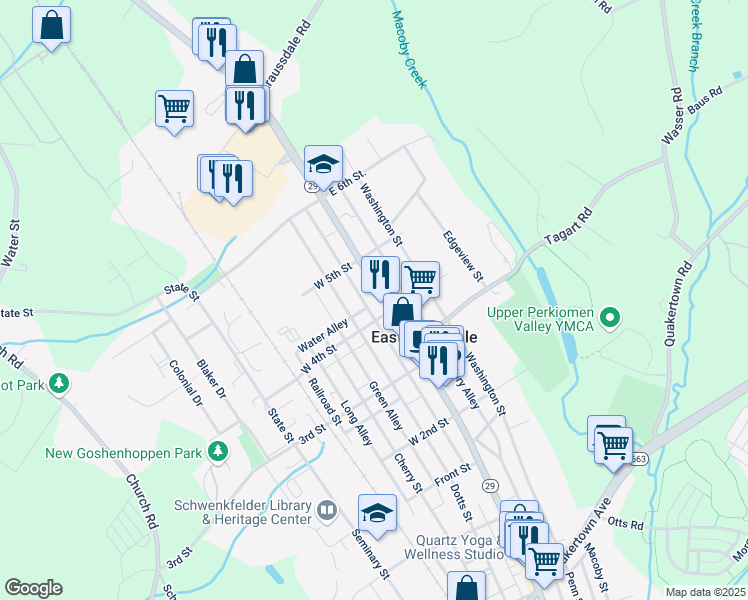 map of restaurants, bars, coffee shops, grocery stores, and more near 404 Main Street in East Greenville