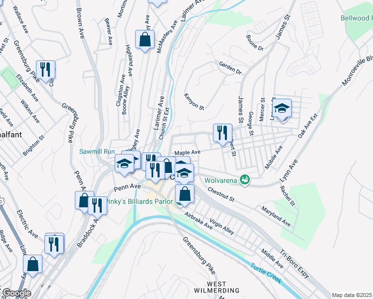 map of restaurants, bars, coffee shops, grocery stores, and more near 225 Pine Street in Turtle Creek