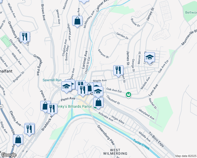 map of restaurants, bars, coffee shops, grocery stores, and more near 225 Pine Street in Turtle Creek