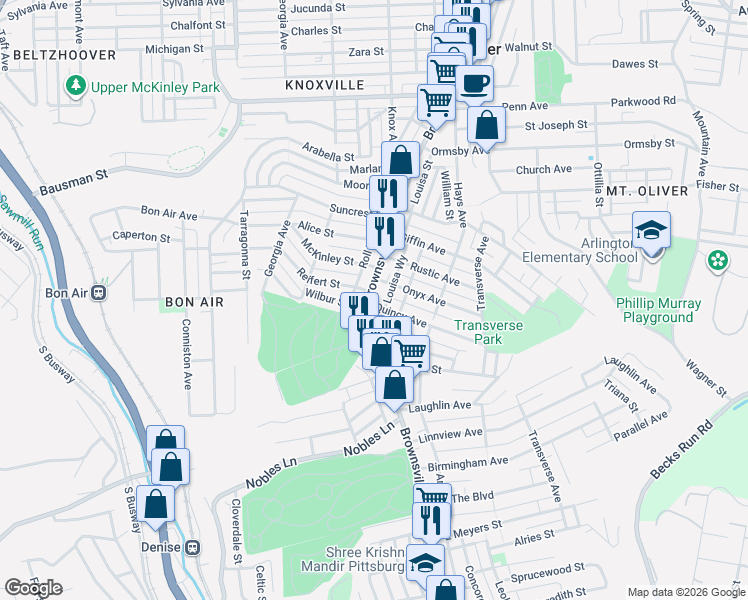 map of restaurants, bars, coffee shops, grocery stores, and more near 915 Brownsville Road in Pittsburgh