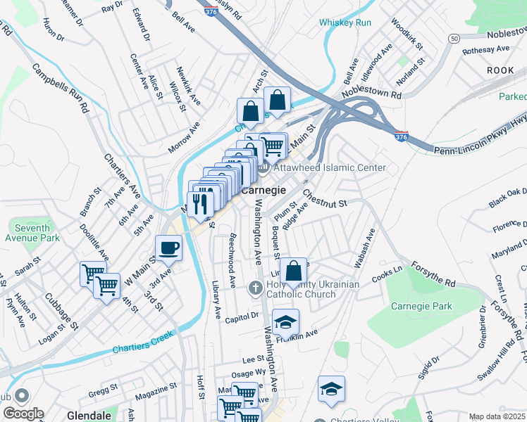 map of restaurants, bars, coffee shops, grocery stores, and more near 533 Washington Avenue in Carnegie