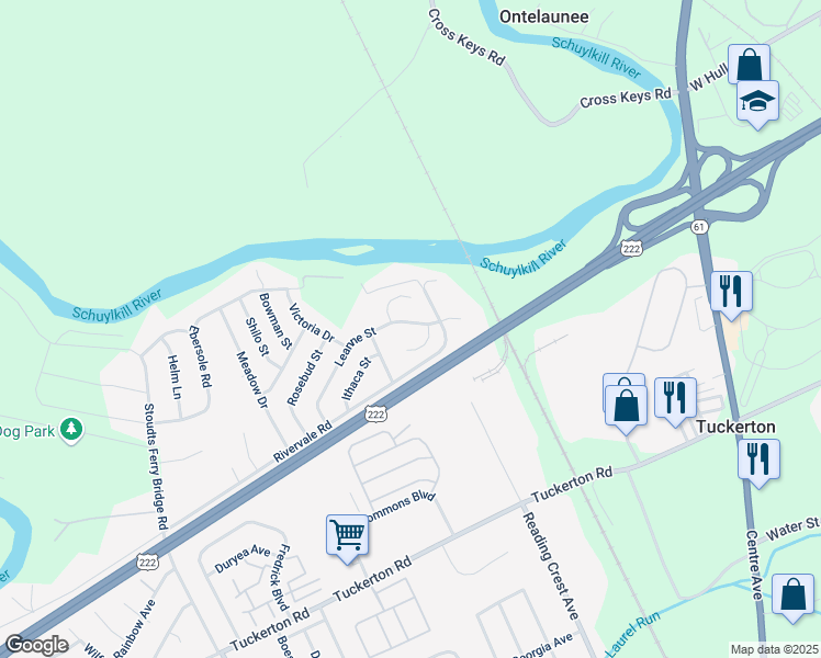 map of restaurants, bars, coffee shops, grocery stores, and more near 1045 Leanne Street in Reading