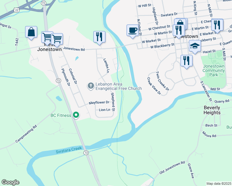 map of restaurants, bars, coffee shops, grocery stores, and more near 321 Shepherd Street in Jonestown