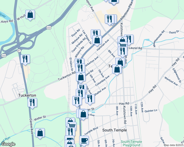 map of restaurants, bars, coffee shops, grocery stores, and more near 596 Euclid Avenue in Temple