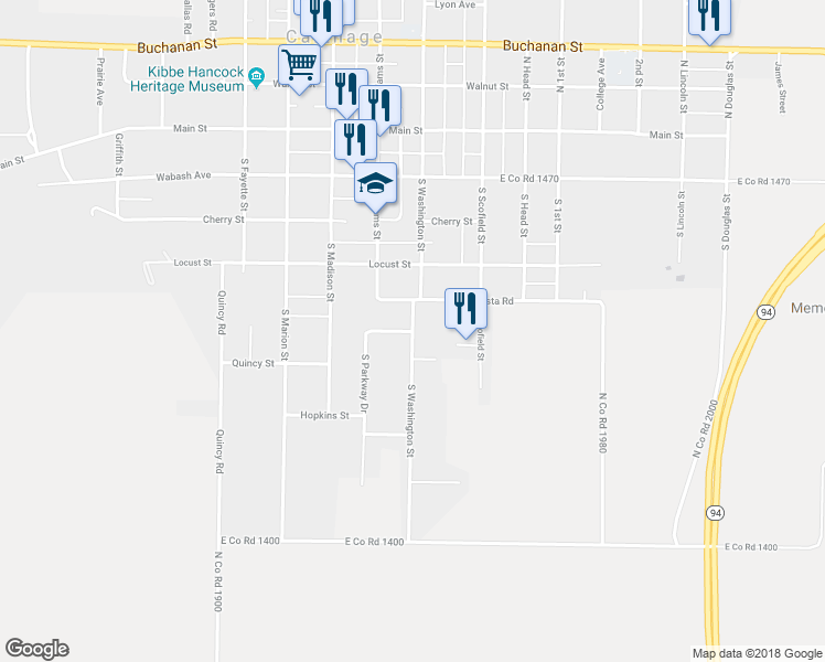 map of restaurants, bars, coffee shops, grocery stores, and more near 499 South Washington Street in Carthage