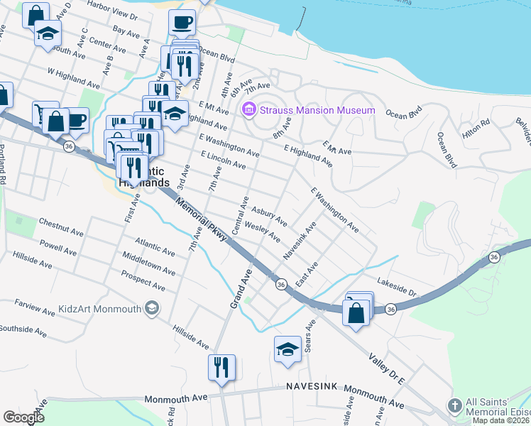 map of restaurants, bars, coffee shops, grocery stores, and more near Asbury Avenue in Atlantic Highlands