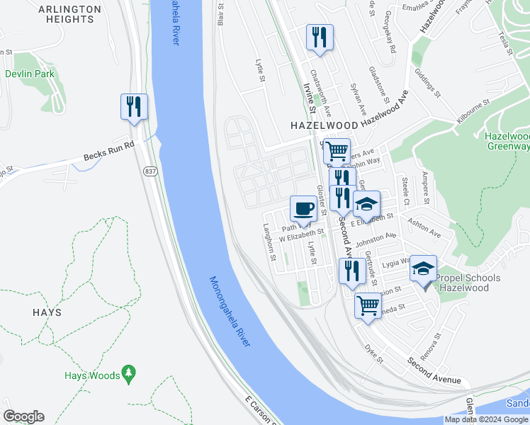 map of restaurants, bars, coffee shops, grocery stores, and more near 1 Tecumseh Street in Pittsburgh