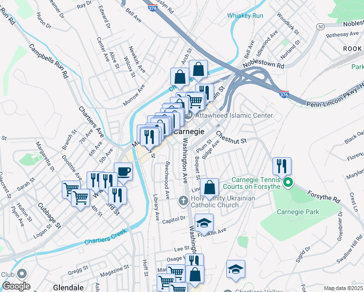 map of restaurants, bars, coffee shops, grocery stores, and more near 533 Washington Avenue in Carnegie