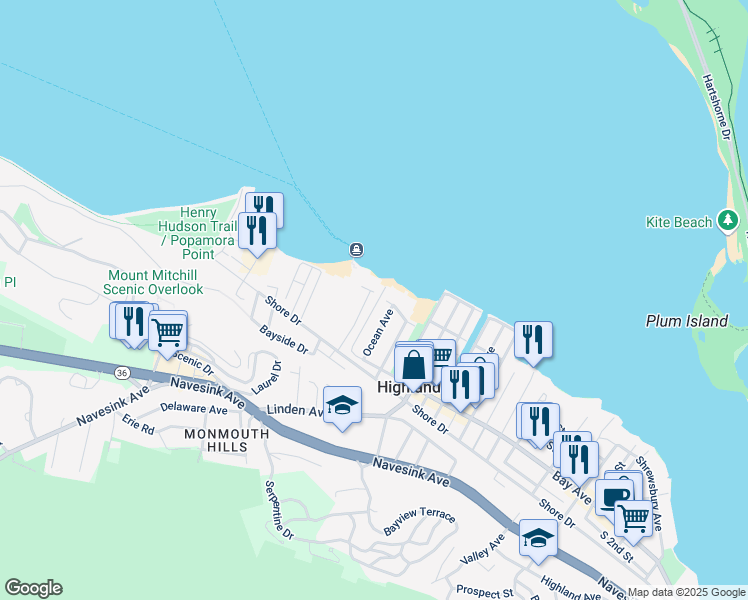 map of restaurants, bars, coffee shops, grocery stores, and more near 5 Ocean Avenue in Highlands