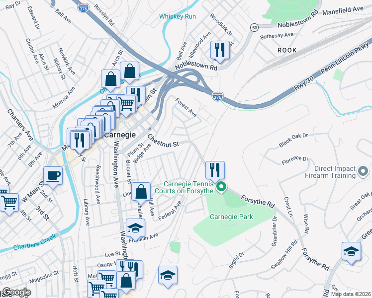map of restaurants, bars, coffee shops, grocery stores, and more near 120 Patterson Avenue in Carnegie