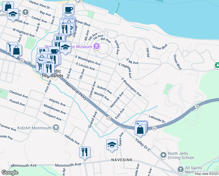 map of restaurants, bars, coffee shops, grocery stores, and more near 28 Hudson Avenue in Atlantic Highlands