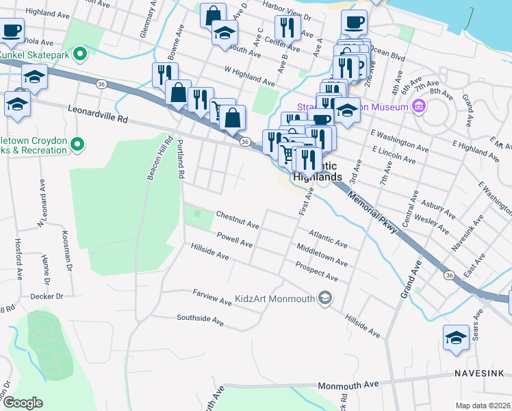 map of restaurants, bars, coffee shops, grocery stores, and more near 58 Oakland Avenue in Atlantic Highlands
