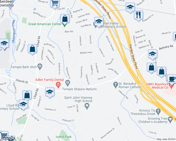 map of restaurants, bars, coffee shops, grocery stores, and more near 29 Galway Drive in Hazlet