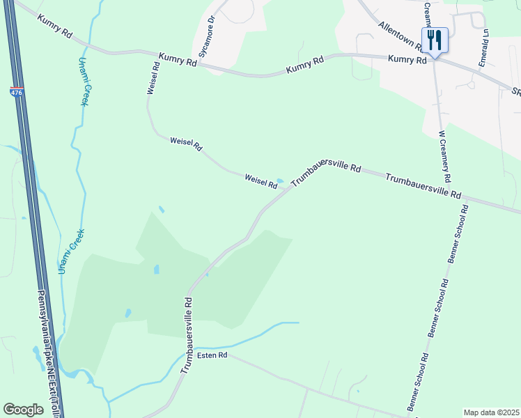 map of restaurants, bars, coffee shops, grocery stores, and more near 2070 Trumbauersville Road in Quakertown