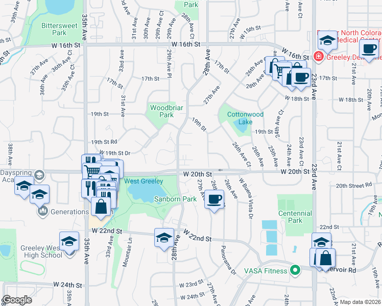 map of restaurants, bars, coffee shops, grocery stores, and more near 2701 West 19th Street Road in Greeley