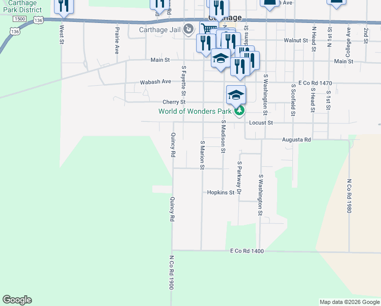 map of restaurants, bars, coffee shops, grocery stores, and more near 370-410 South Marion Street in Carthage