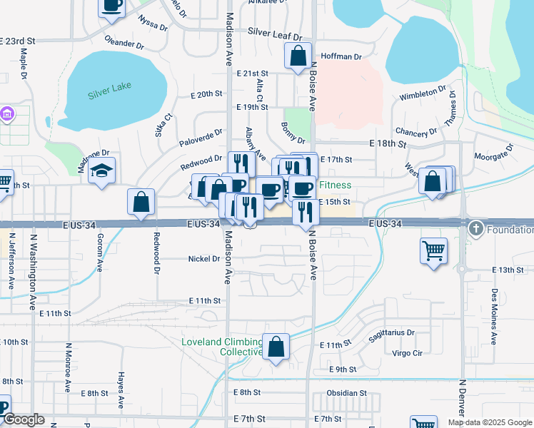 map of restaurants, bars, coffee shops, grocery stores, and more near 1325 East Eisenhower Boulevard in Loveland