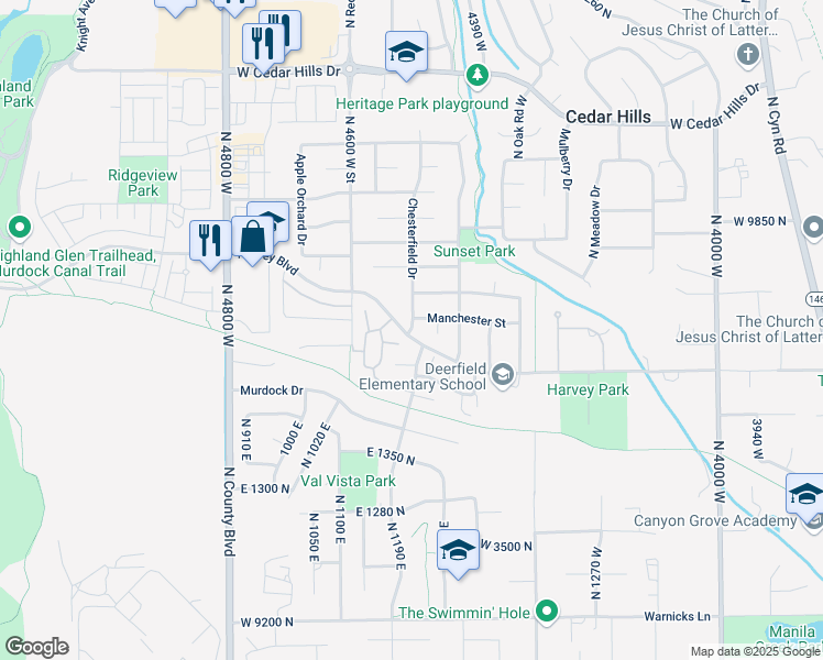 map of restaurants, bars, coffee shops, grocery stores, and more near 9619 North 4500 West in Pleasant Grove