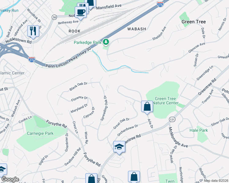 map of restaurants, bars, coffee shops, grocery stores, and more near 1363 Spreading Oak Drive in Pittsburgh