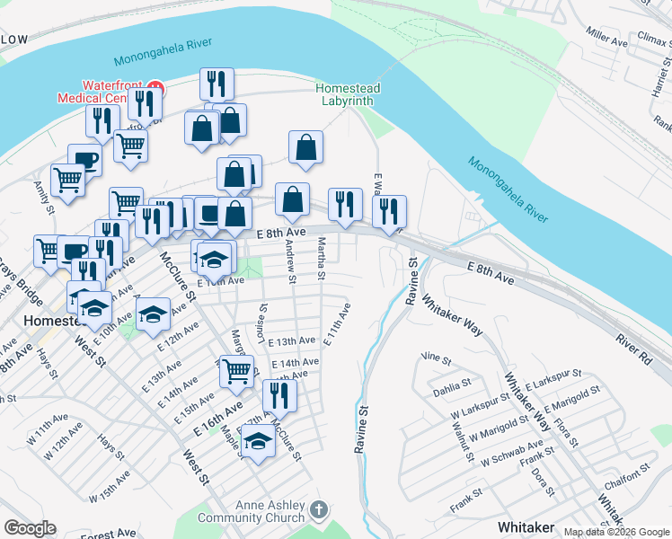 map of restaurants, bars, coffee shops, grocery stores, and more near 100 Grant Street in Homestead