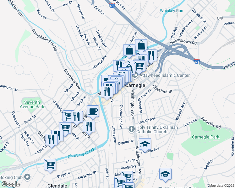map of restaurants, bars, coffee shops, grocery stores, and more near 208 Pine Street in Carnegie