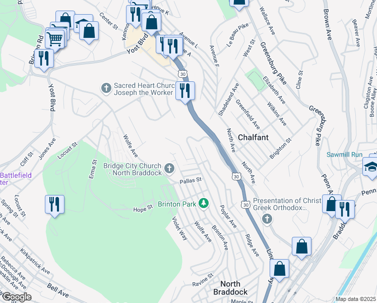 map of restaurants, bars, coffee shops, grocery stores, and more near 1170 Grandview Avenue in Braddock