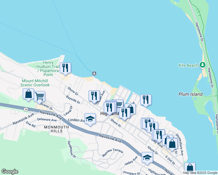 map of restaurants, bars, coffee shops, grocery stores, and more near 12 Beach Boulevard in Highlands