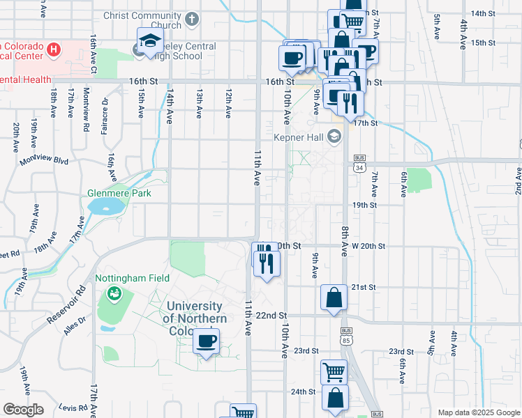 map of restaurants, bars, coffee shops, grocery stores, and more near 1017 19th Street in Greeley